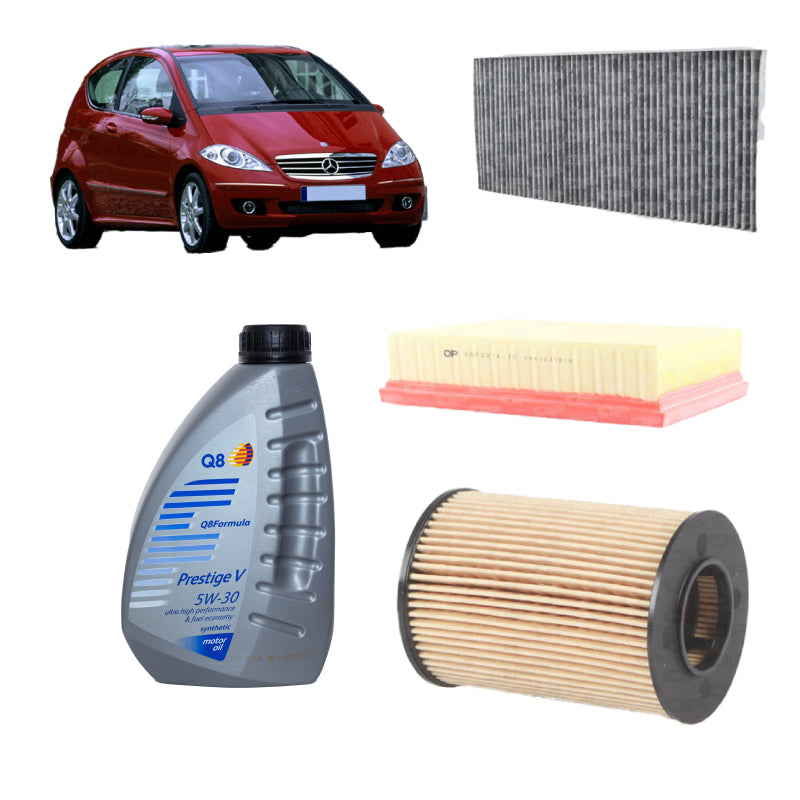 Kit tagliando + 5L olio Q8 per Classe A W169 A150/A160/A170/A180/A200 benzina (2004-2012)